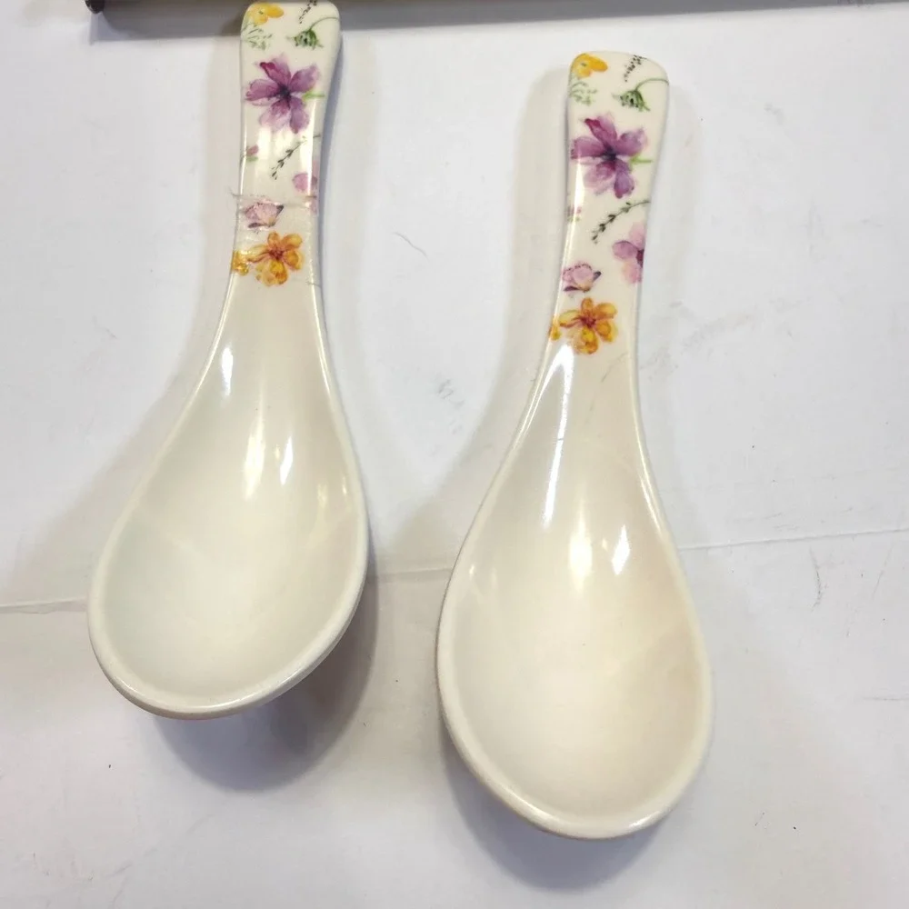 Wu He Floral Melamine Chinese Soup Spoons Set of 2 Purple Yellow Flower NO.017